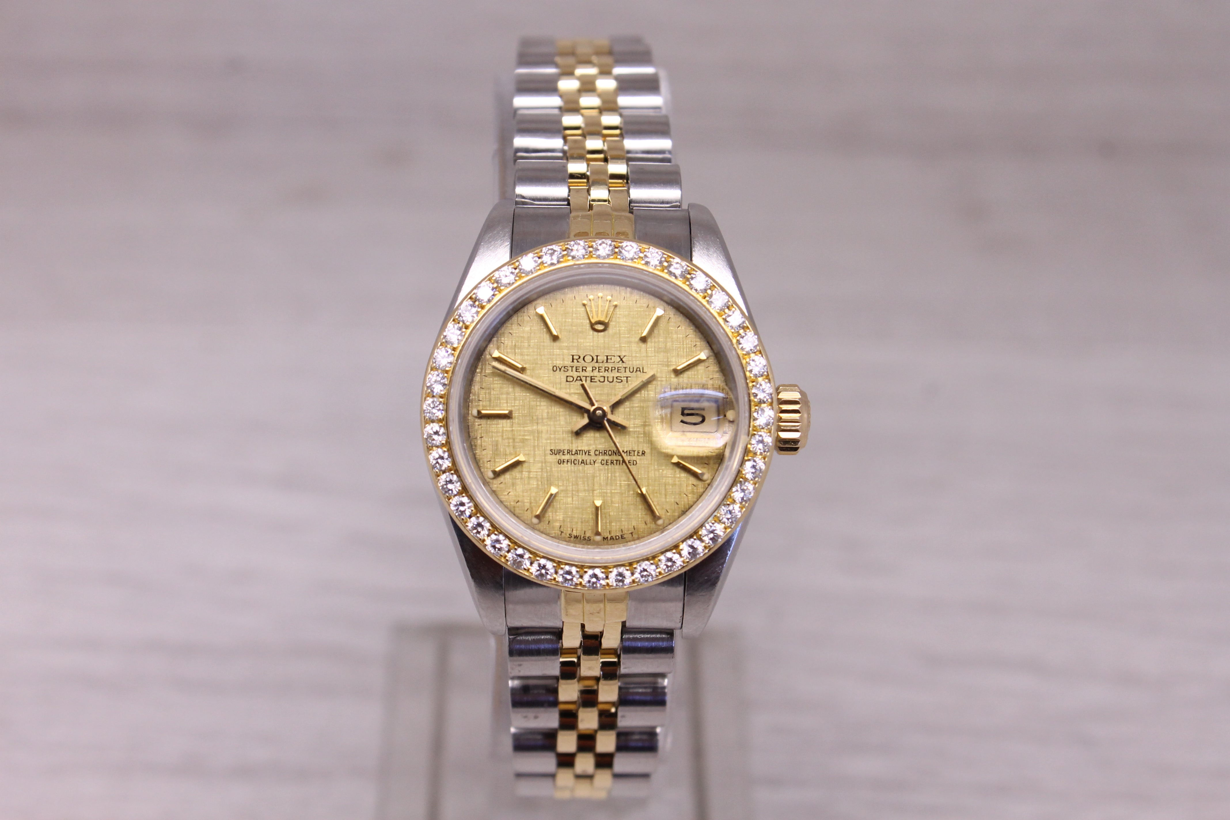 Vintage 1986 Rolex Datejust Ladies 69173 Steel & 18k Gold Diamond Bezel Linen