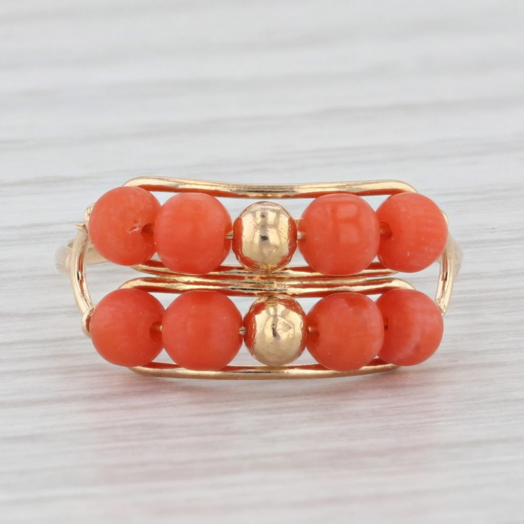 Light Gray Vintage Orange Coral Bead Ring 18k Yellow Gold Size 6 Italian