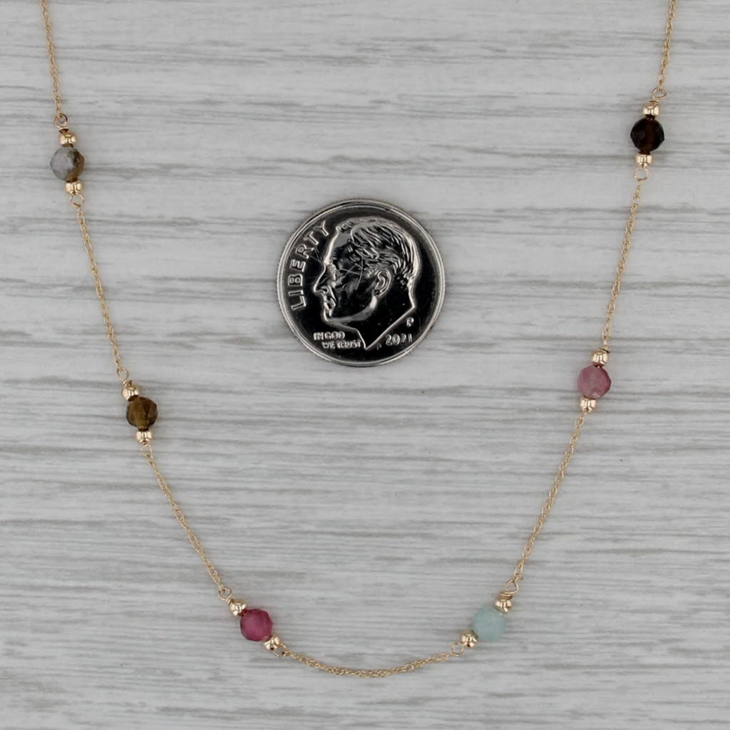 Gemstone Bead Station Necklace 14k Yellow Gold 16.25" Rope Chain