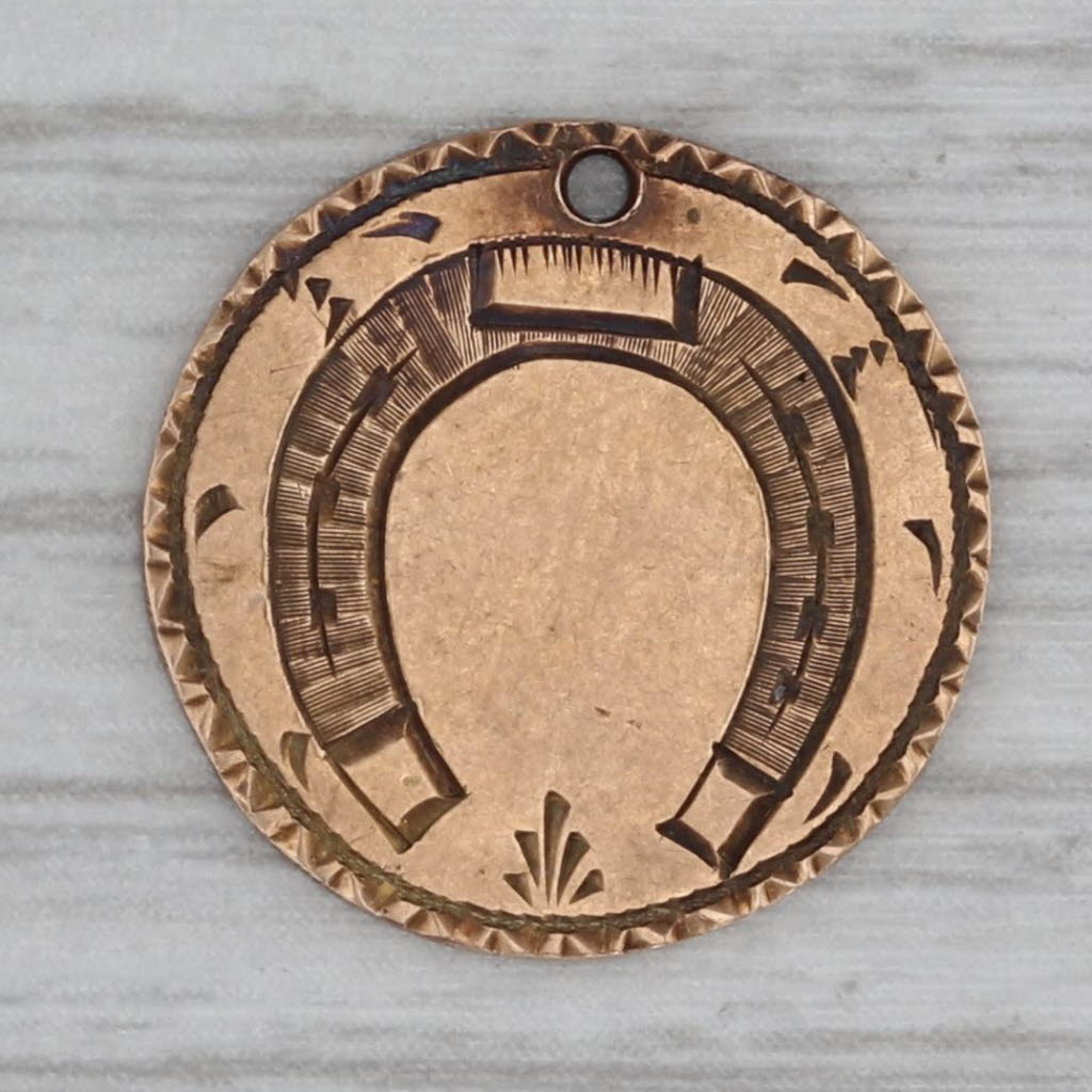 Dark Gray Antique Hand Carved Love Token 13.5k Gold Monogram Horseshoe Luck Charm