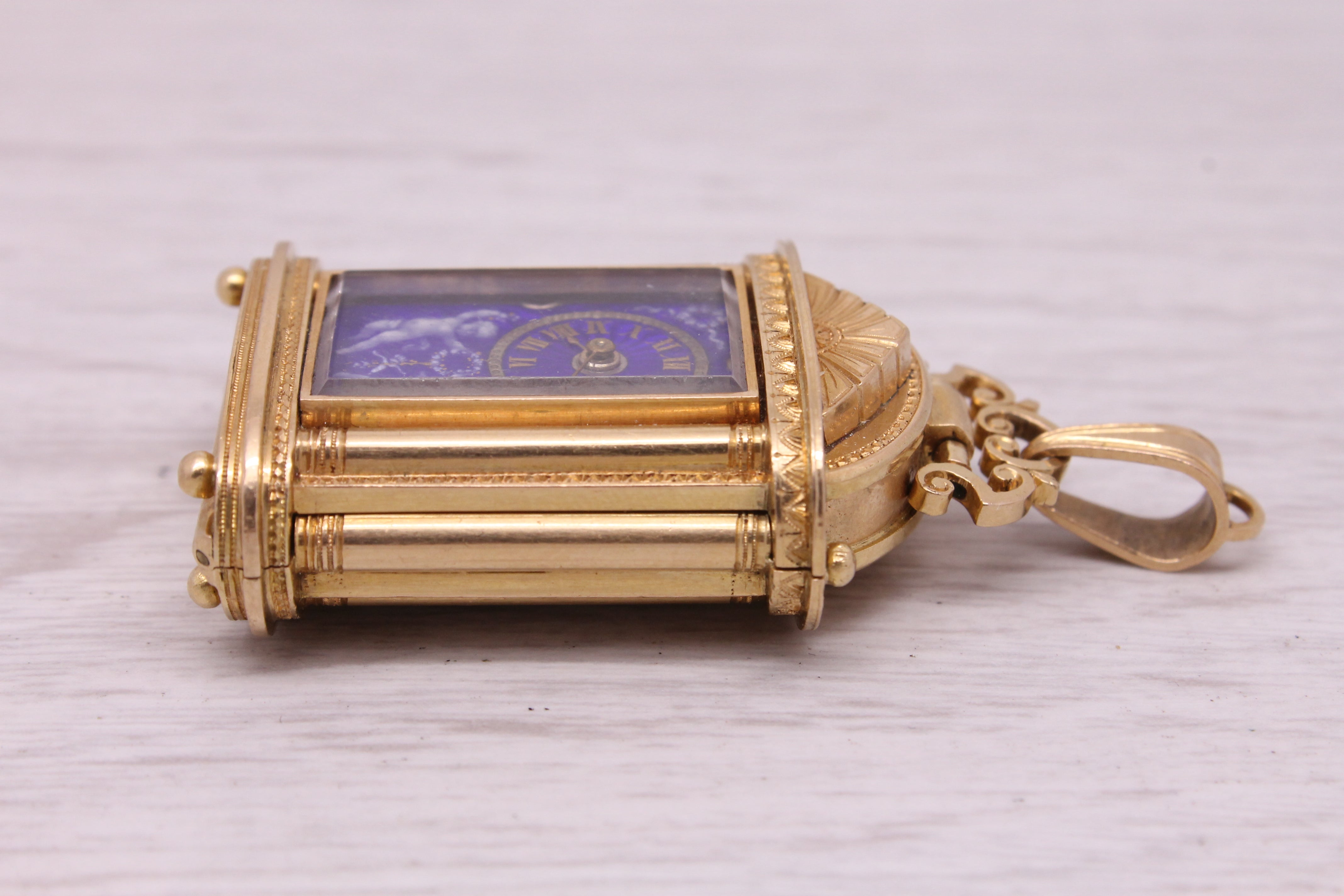 Antique c.1860 18k Gold Miniature Keywind Case Clock Pendant Blue Enamel Dial