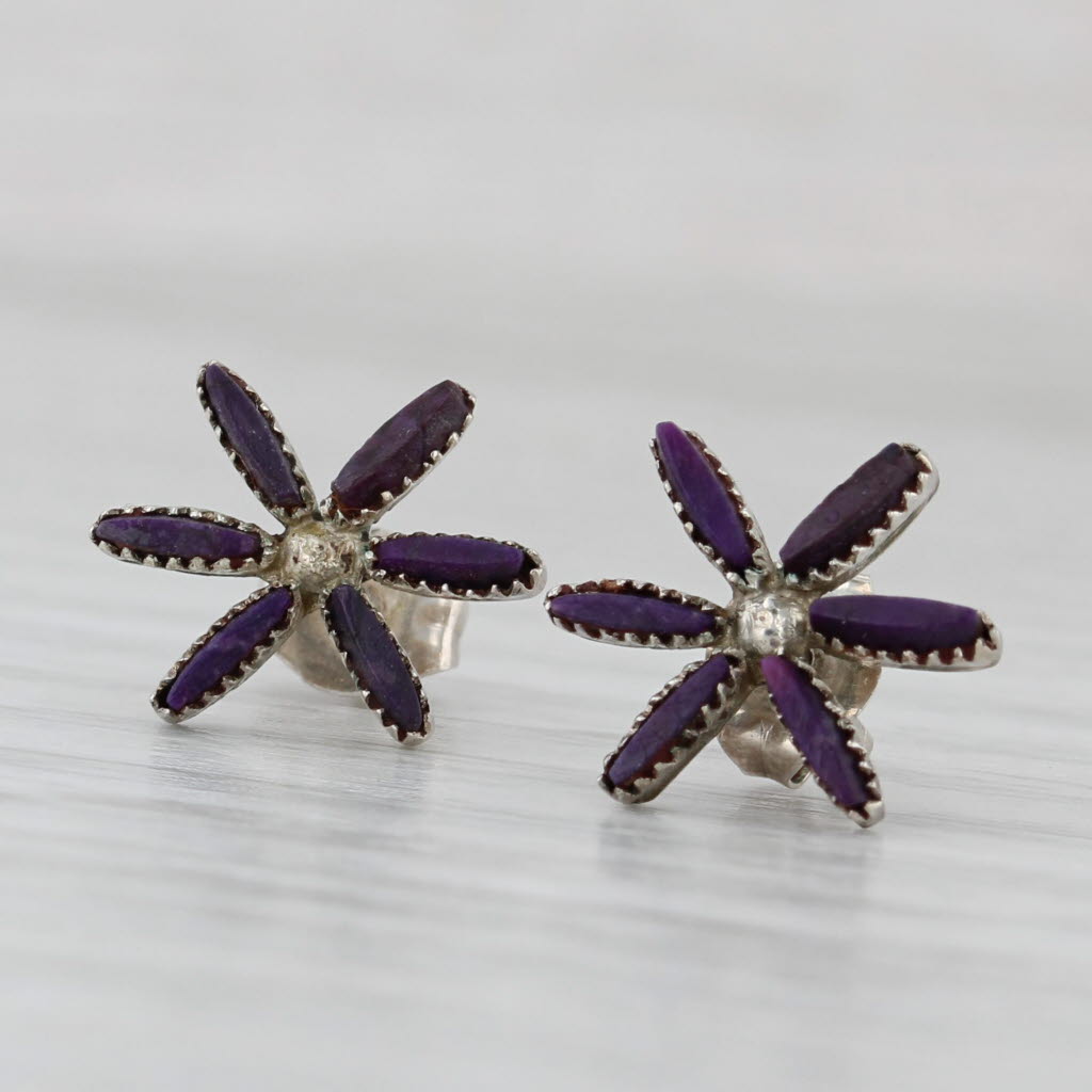 Light Gray Vintage Native American Purple Sugilite Flower Stud Earrings Sterling Silver