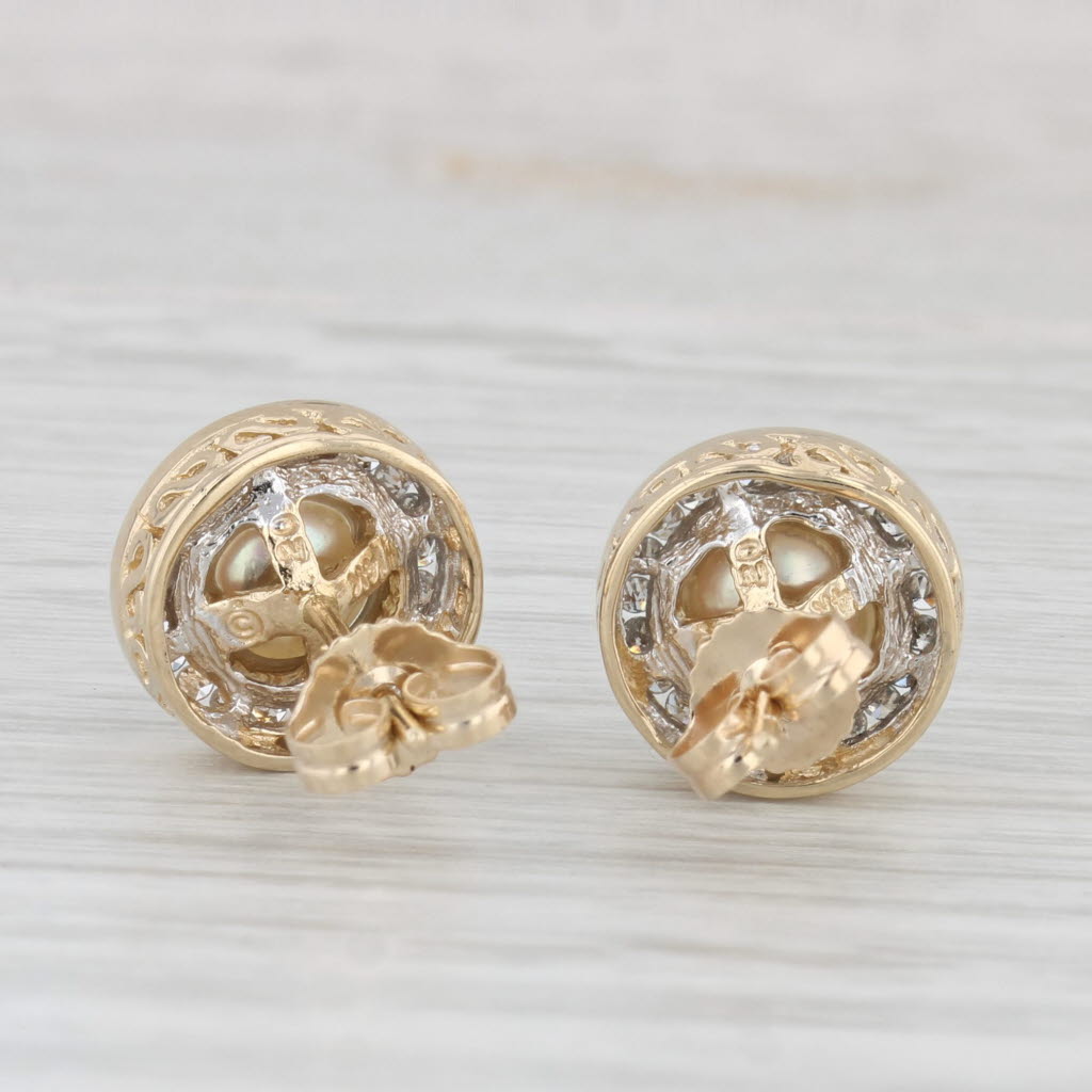 Light Gray Cultured Pearl 0.20ctw Diamond Halo Stud Earrings 14k Yellow Gold
