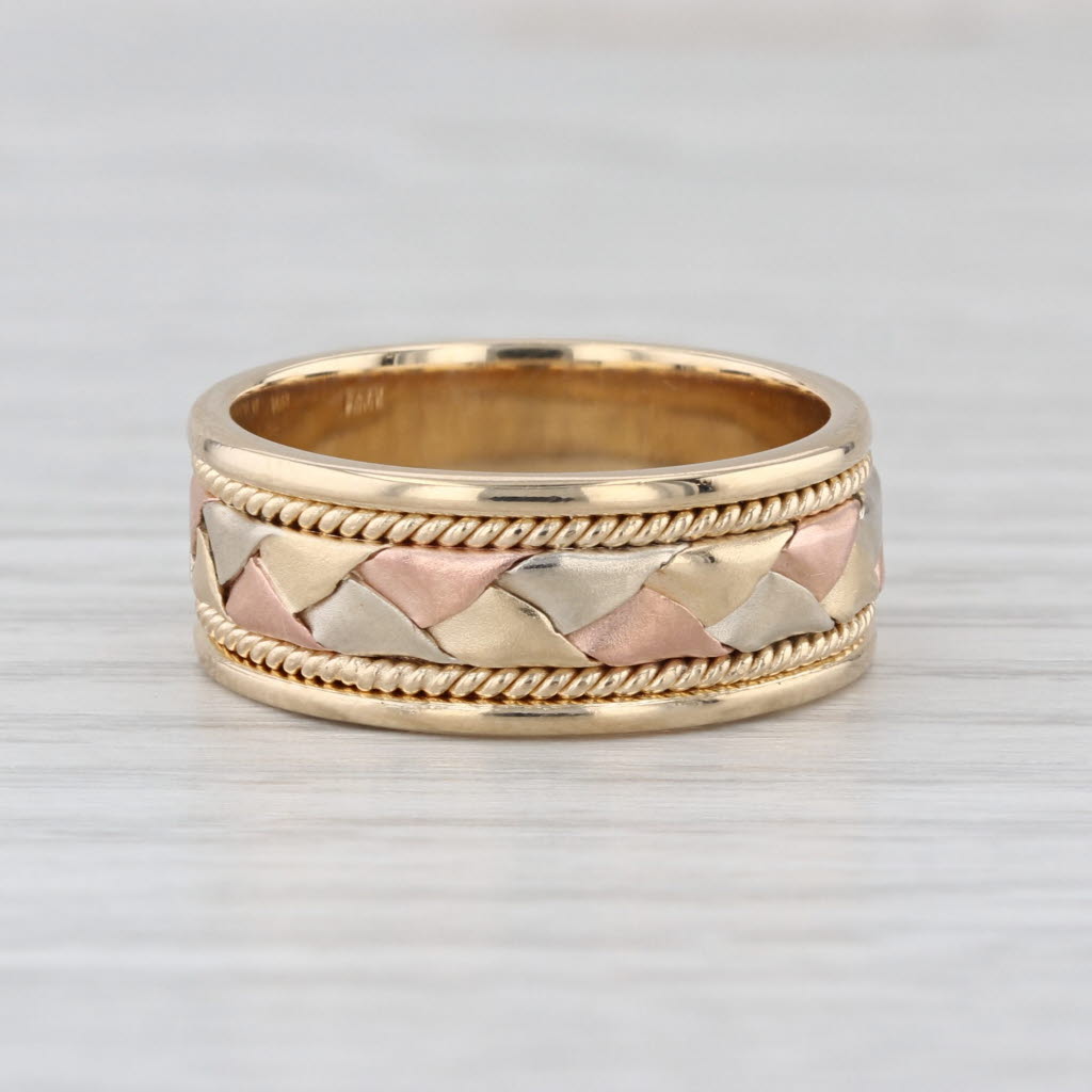 Woven Tri-Toned Gold Band 14k Yellow Rose White Gold Wedding Ring Size 6.75