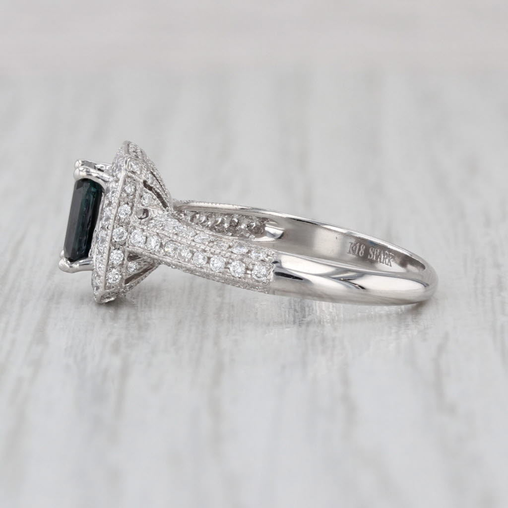 1.58ctw Blue Sapphire Diamond Halo Ring 18k White Gold Size 6.5 Engagement