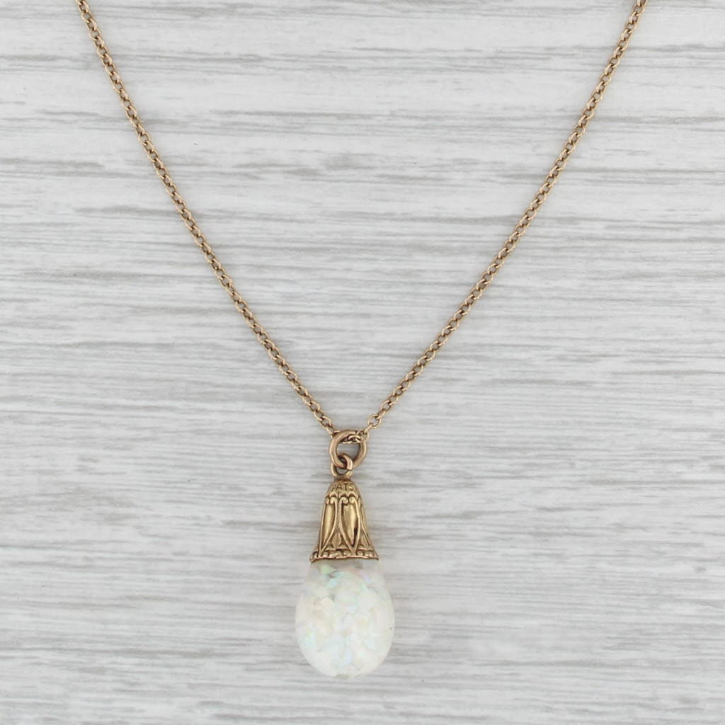Vintage Floating Opals Drop Pendant Necklace 14k Yellow Gold 16" Cable Chain