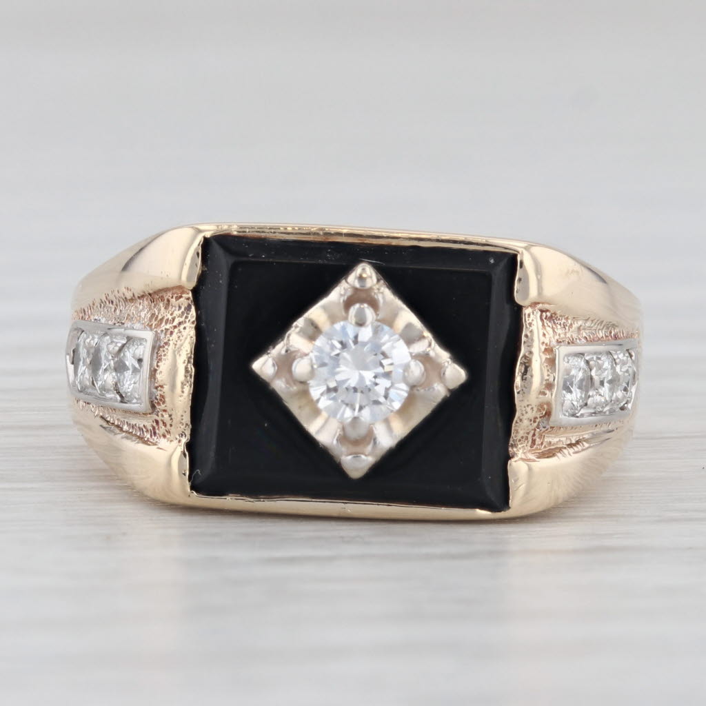 Light Gray Vintage 0.51ct Diamond Onyx Signet Ring 10k Yellow Gold Size 10.5 Men's