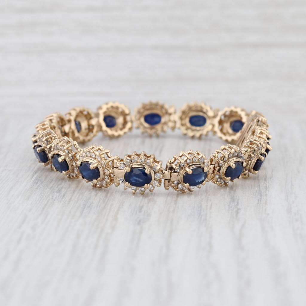11.54ctw Blue Sapphire Diamond Halo Tennis Bracelet 14k Yellow Gold 7.25"