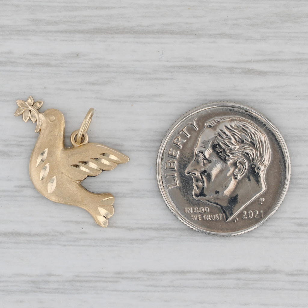 Gray Small Textured Peace Dove Charm 14K Yellow Gold Pendant