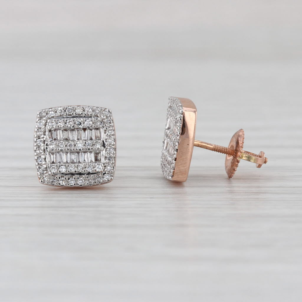 0.38ctw Pave Diamond Square Stud Earrings 10k Rose Gold Screw Backs Studs