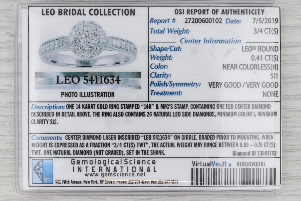 Gray Leo 0.81ctw Diamond Halo Engagement Ring 14k White Gold Size 7.25 GSI COA