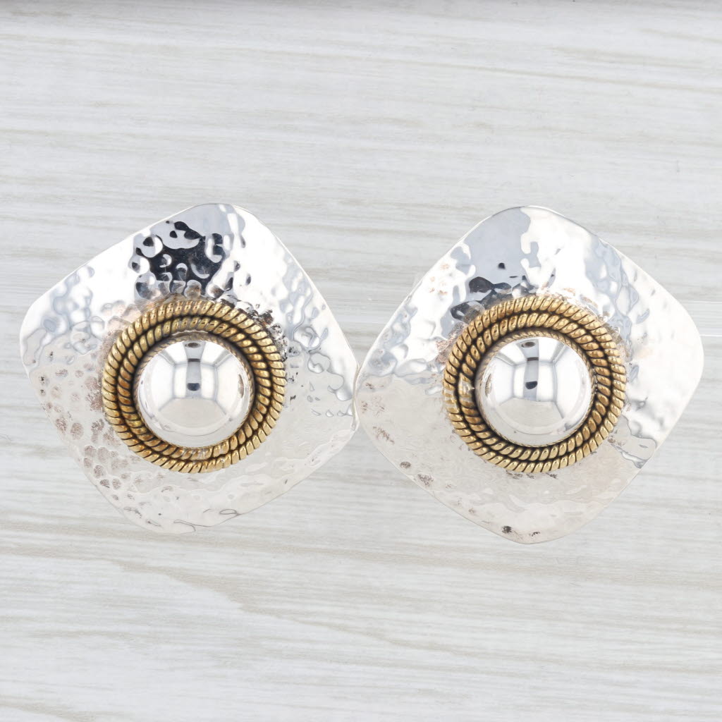Light Gray Taxco Mexico Statement Earrings Hammered Sterling Silver Brass Large Studs