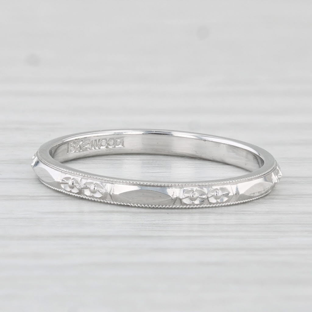 Light Gray Art Deco Wedding Band 18k White Gold Size 6.25 stackable Ring Wood