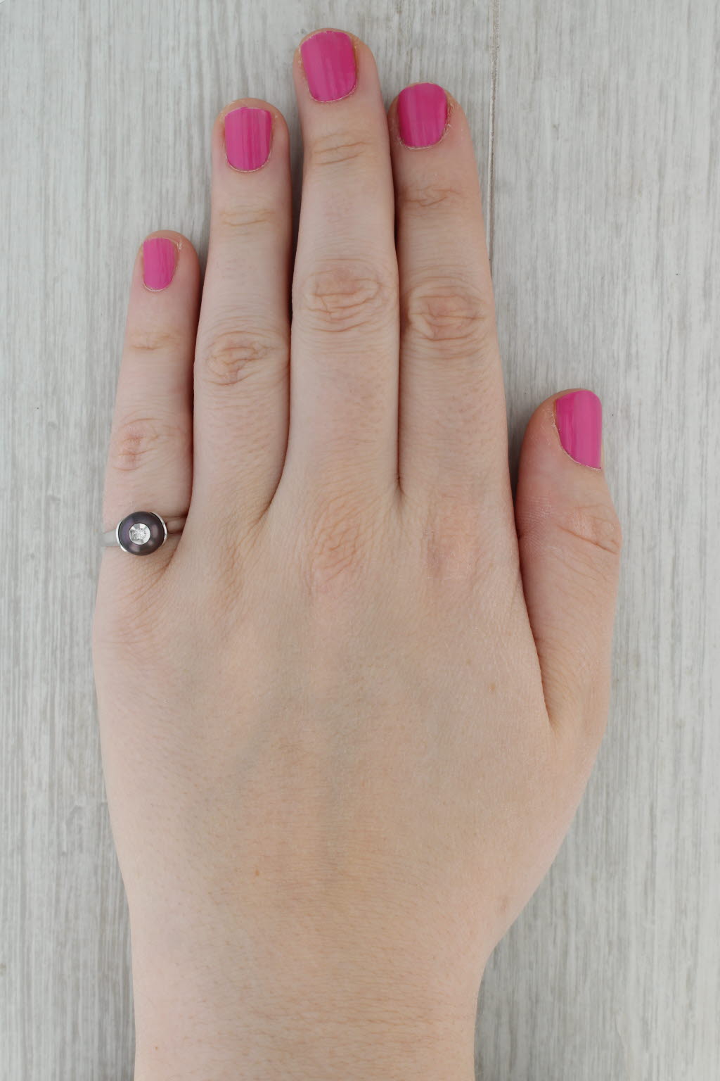 Dark Gray New Galatea Cultured Black Pearl Diamond Ring 14k White Gold Size 6.25