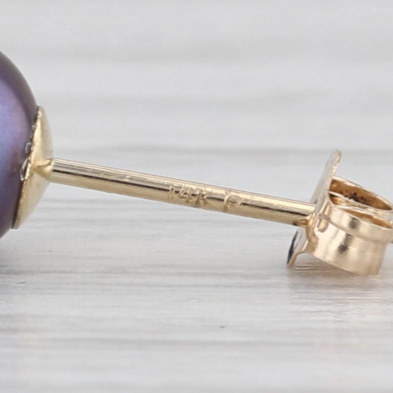 Cultured Black Pearl Stud Earrings 14k Yellow Gold 6mm Solitaire Studs