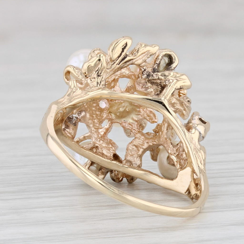 Light Gray Cultured Pearl Cluster Diamond Ring 10k Yellow Gold Size 7.5