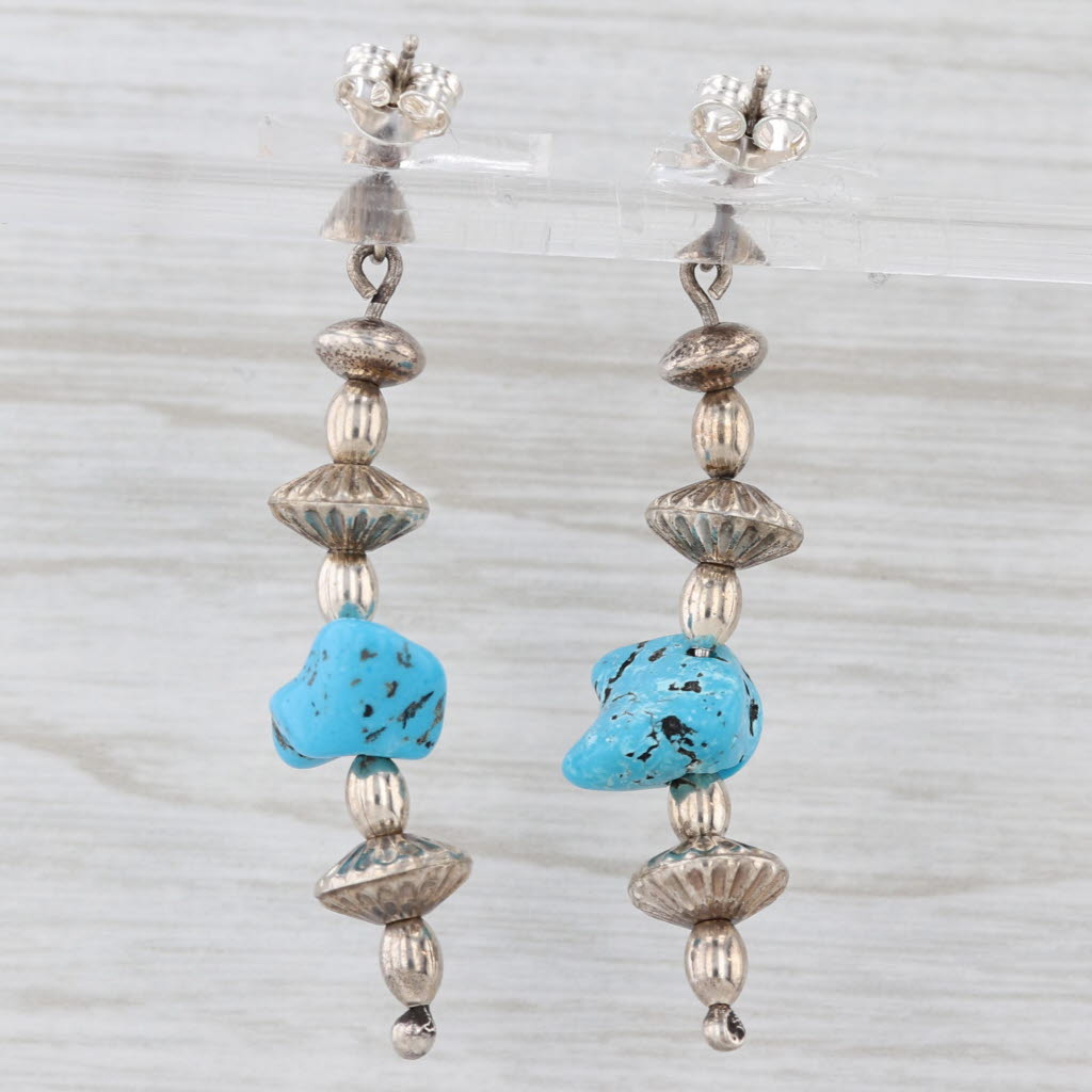 Light Gray Vintage Native American Turquoise Dangle Bead Earrings Sterling Silver