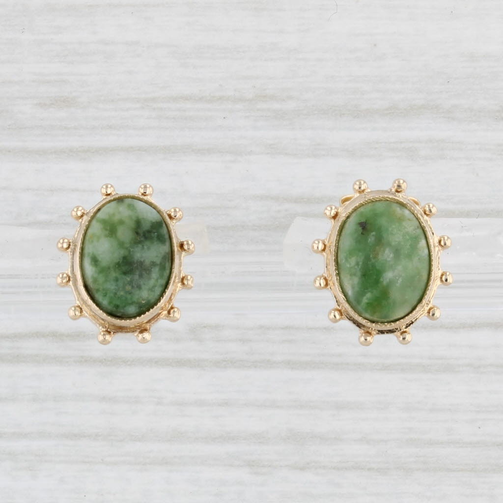 Light Gray Green Nephrite Jade Stud Earrings 10k Yellow Gold Vintage Oval Solitaires