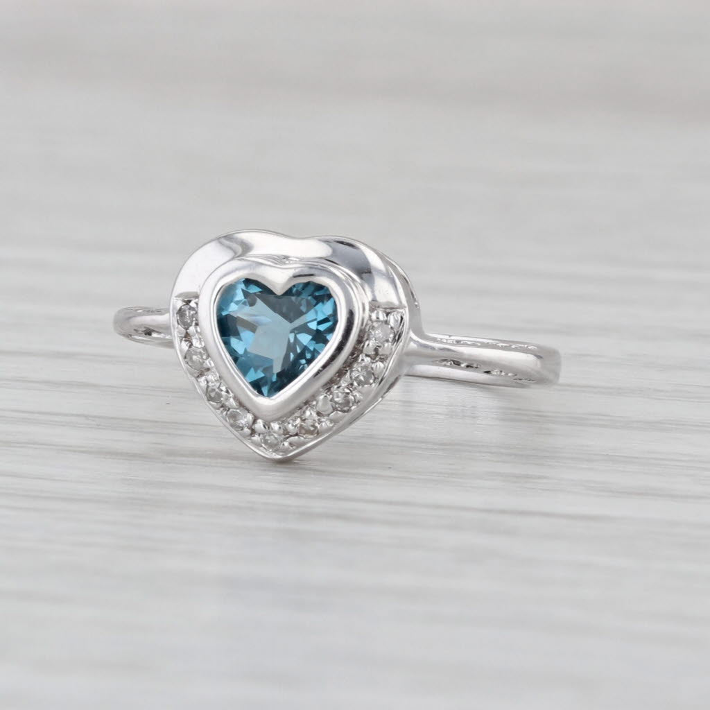 0.98ctw Blue Topaz Diamond Heart Ring 14k White Gold Size 5.5
