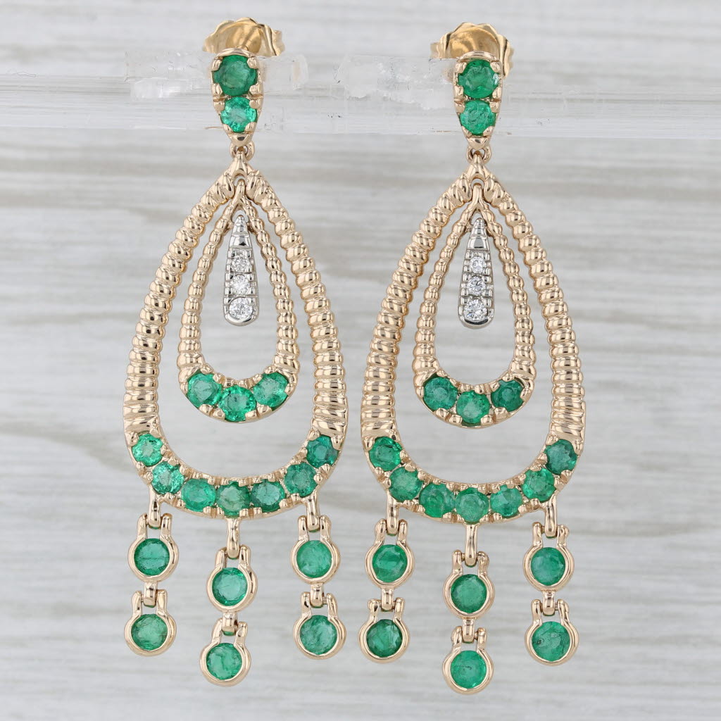 Gray 2.45ctw Emerald Diamond Teardrop Dangle Earrings 14k Yellow Gold Statement