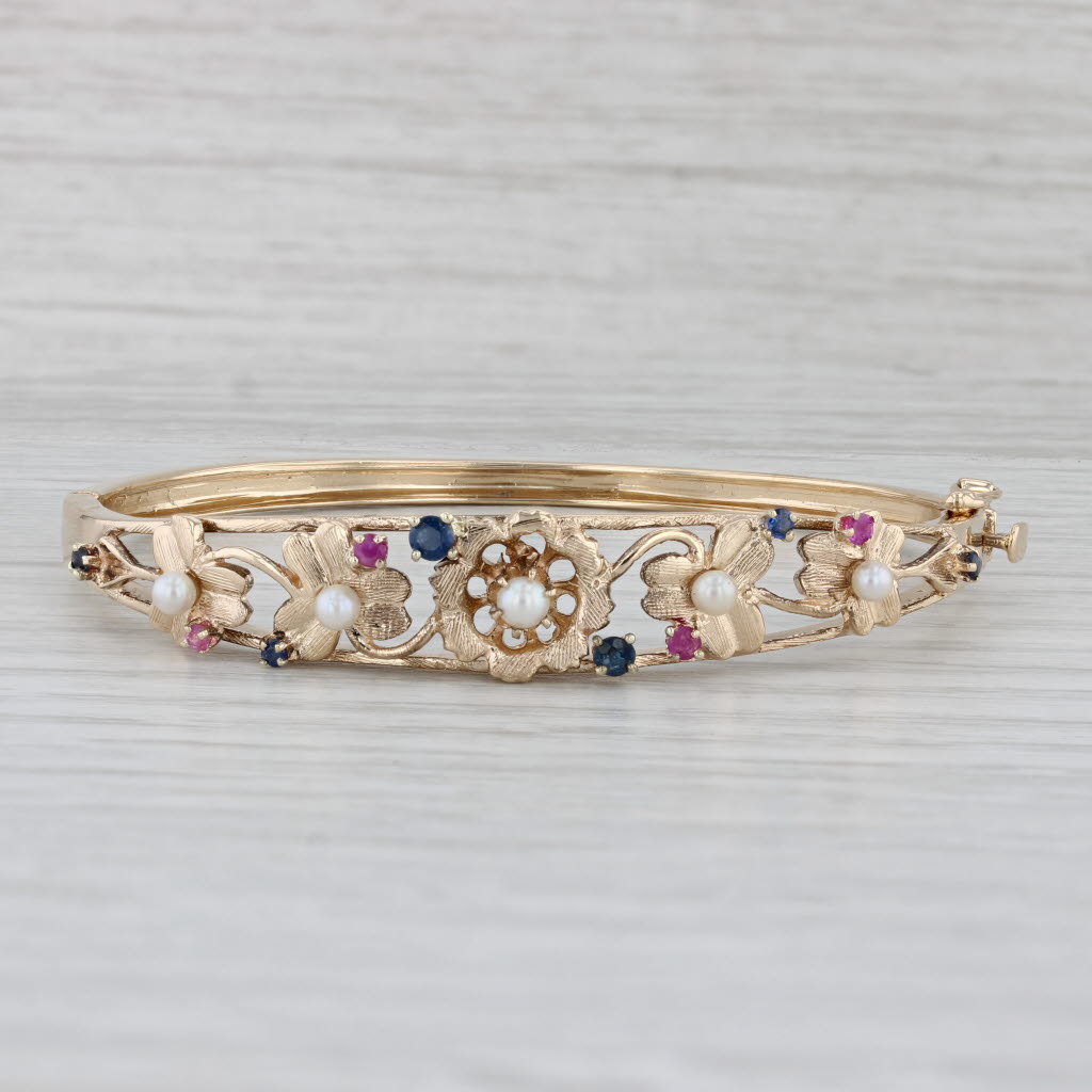 Gray Gemstone Floral Bangle Bracelet 14k Gold 0.46ctw Sapphire Ruby Cultured Pearl