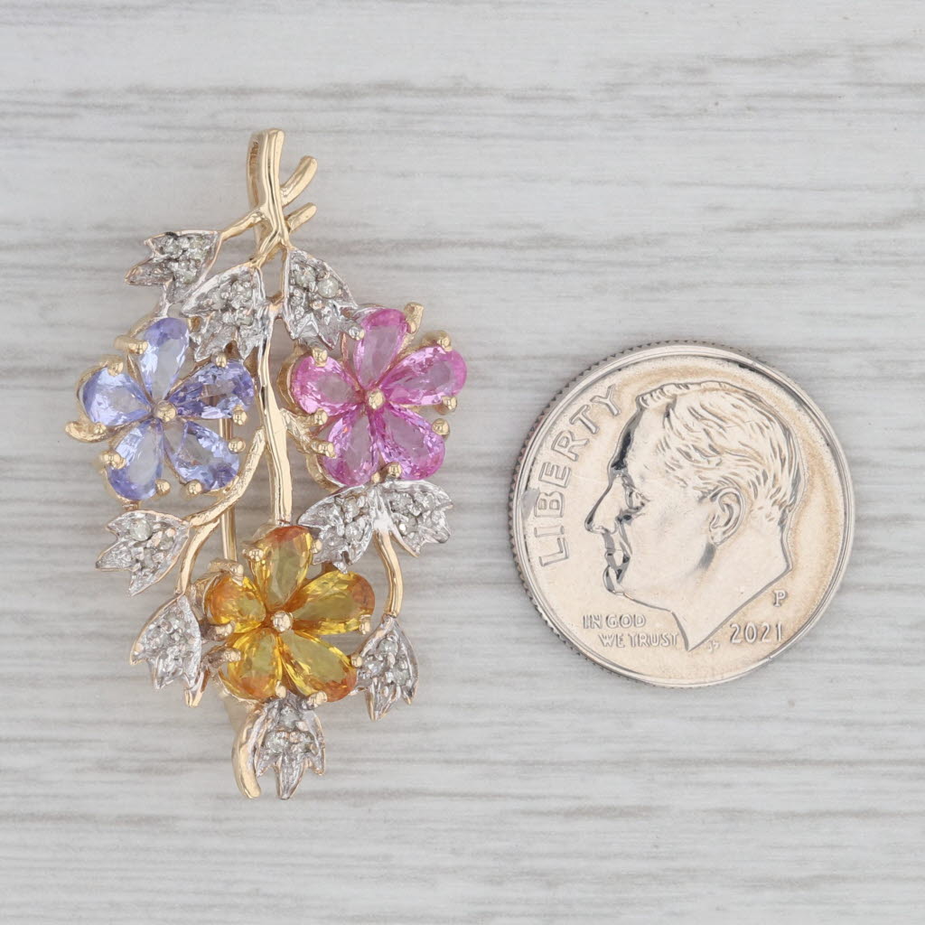 Gray 3.31ctw Sapphire Tanzanite Diamond Flower Brooch Pendant 10k Yellow Gold