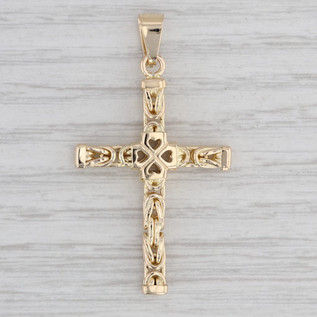 Gray Cross Pendant 14k Yellow Gold Heart Byzantine Chain Design Italian
