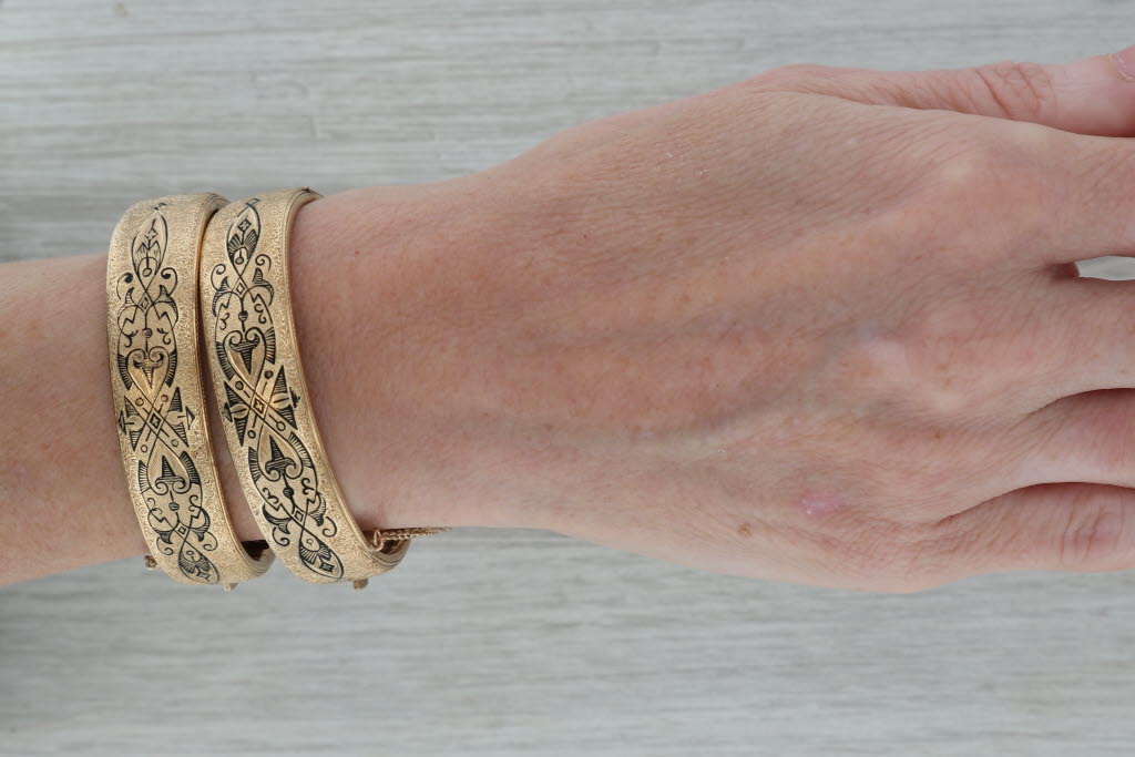 Victorian Taille d'Epargne Enamel Bangle Bracelets with Box 14k Gold Engraved