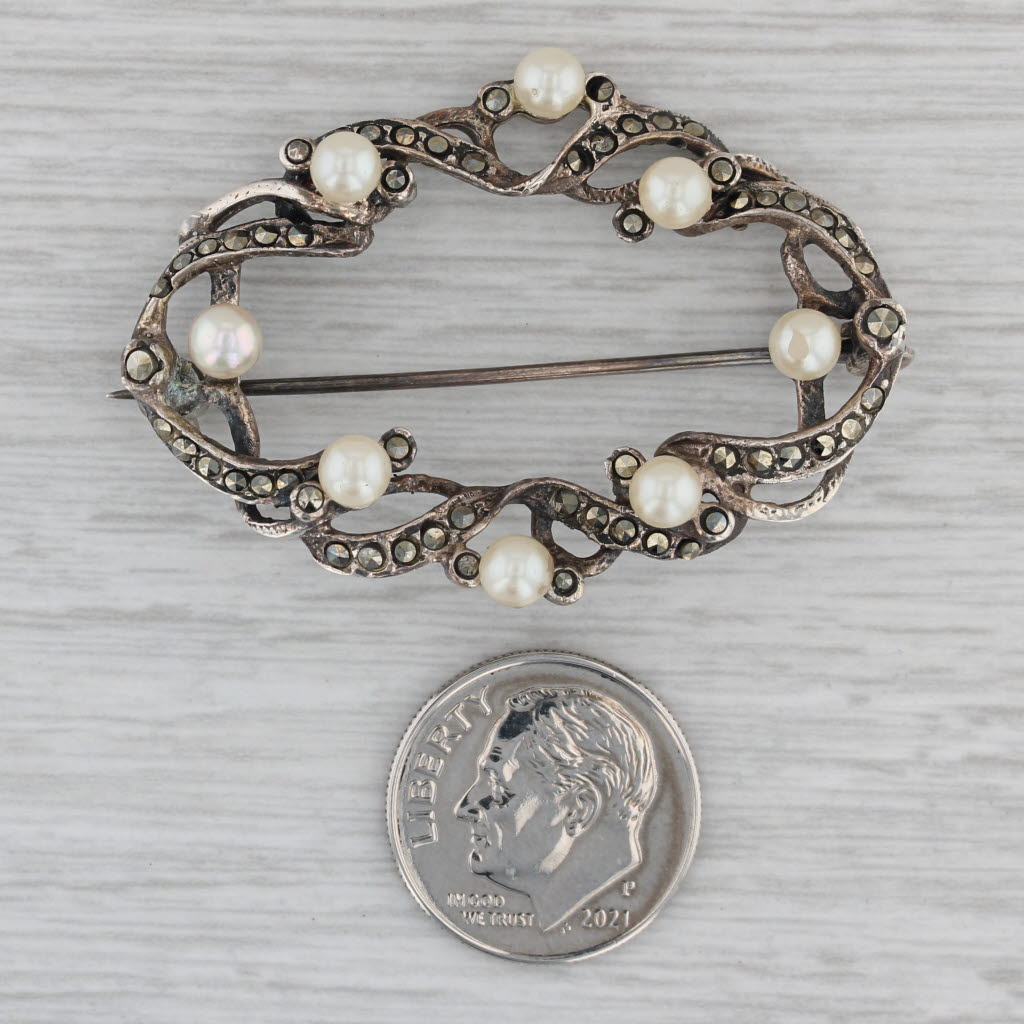 Gray Cultured & Imitation Pearls Marcasite Vintage Brooch Sterling Silver Pin