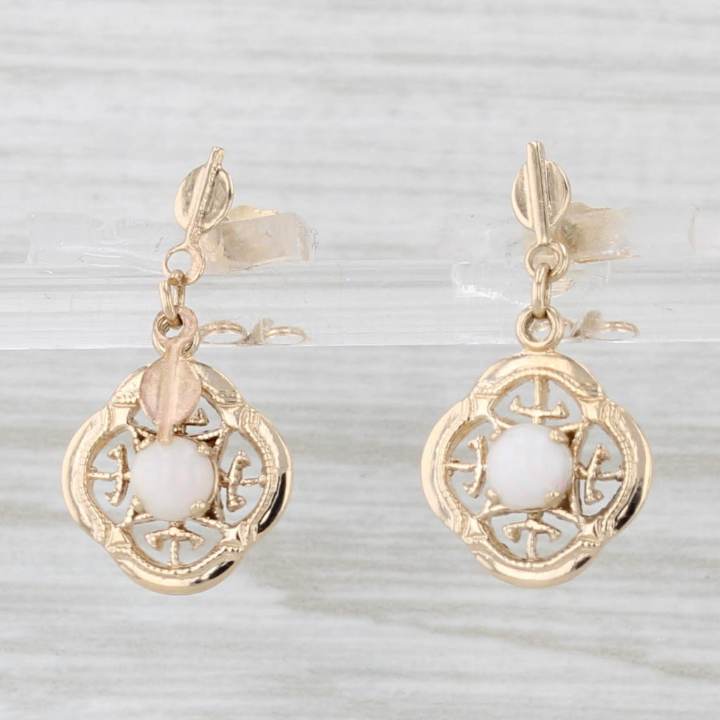 Light Gray Opal Dangle Earrings 14k Yellow Gold Round Cabochon Drops