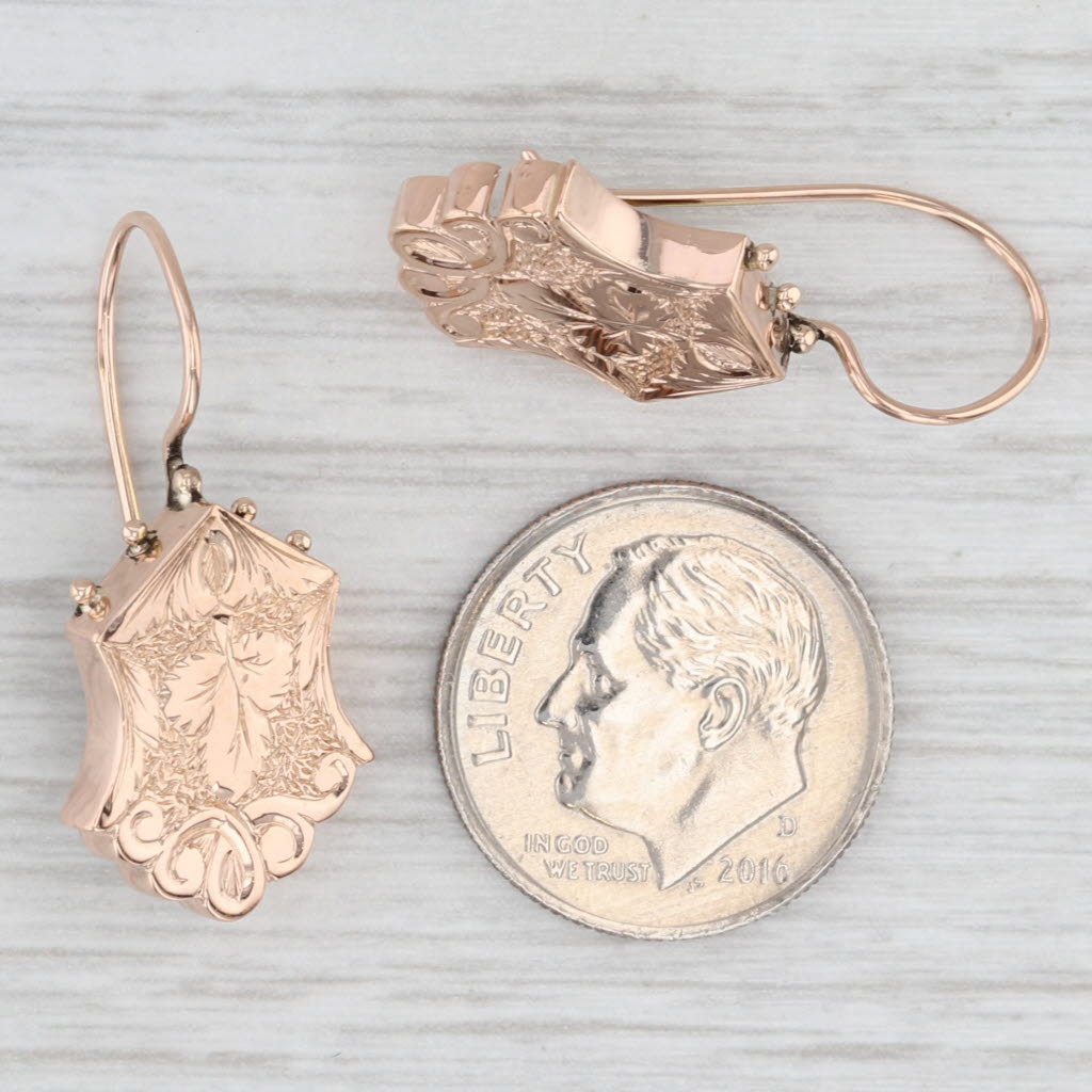 Light Gray Victorian Ornate Dangle Earrings 10k Rose Gold Hook Post Drops