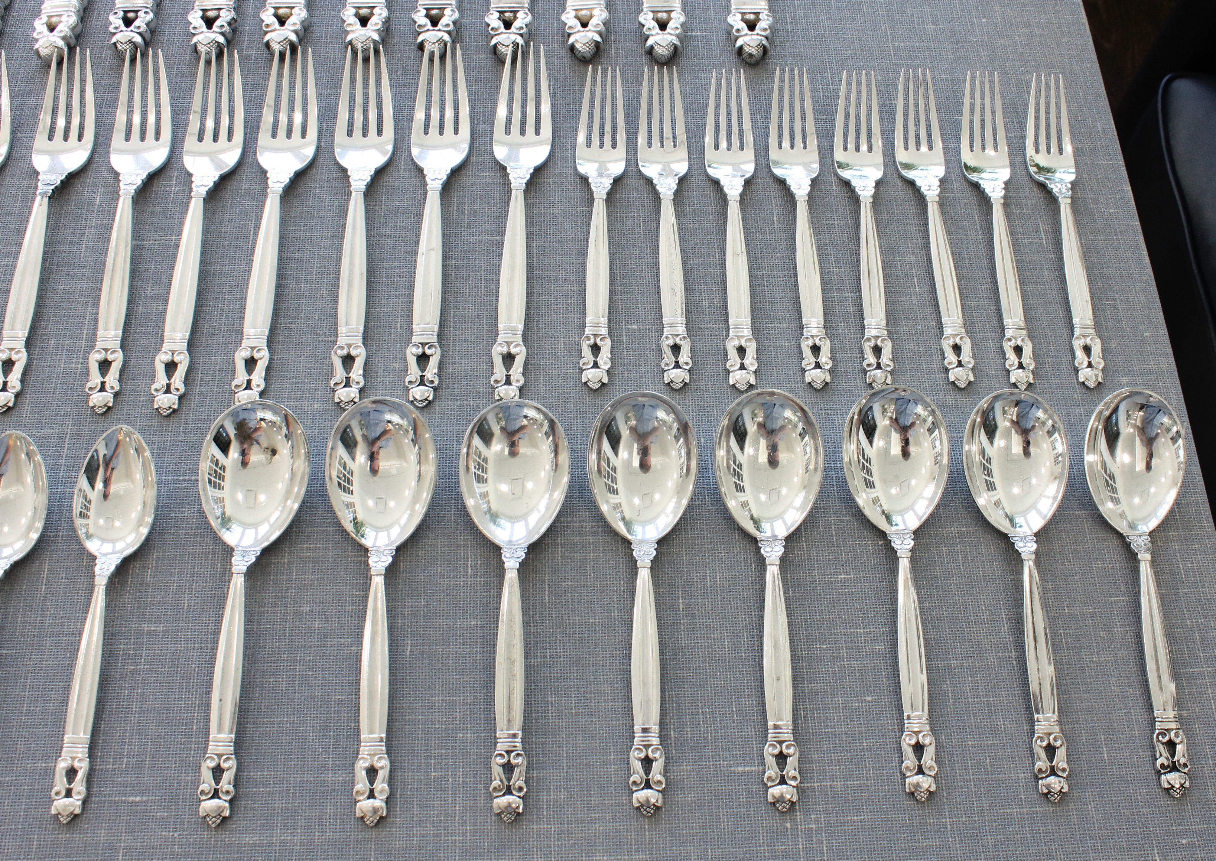 Slate Gray Georg Jensen Acorn Sterling Silver Flatware Set 10pc Service of 8 Danish Cutlery