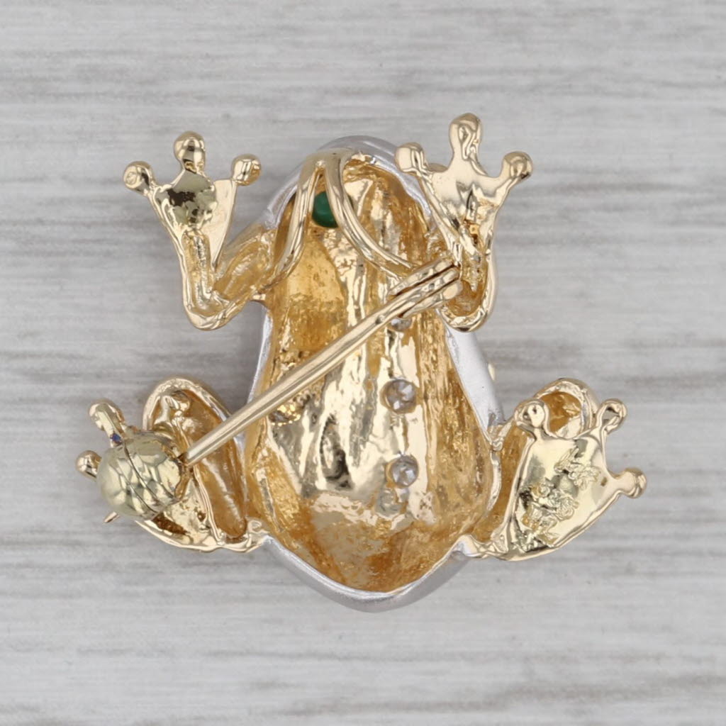 Gray Emerald Cabochon Diamond Frog Brooch Pendant 14k Yellow White Gold Toad Pin