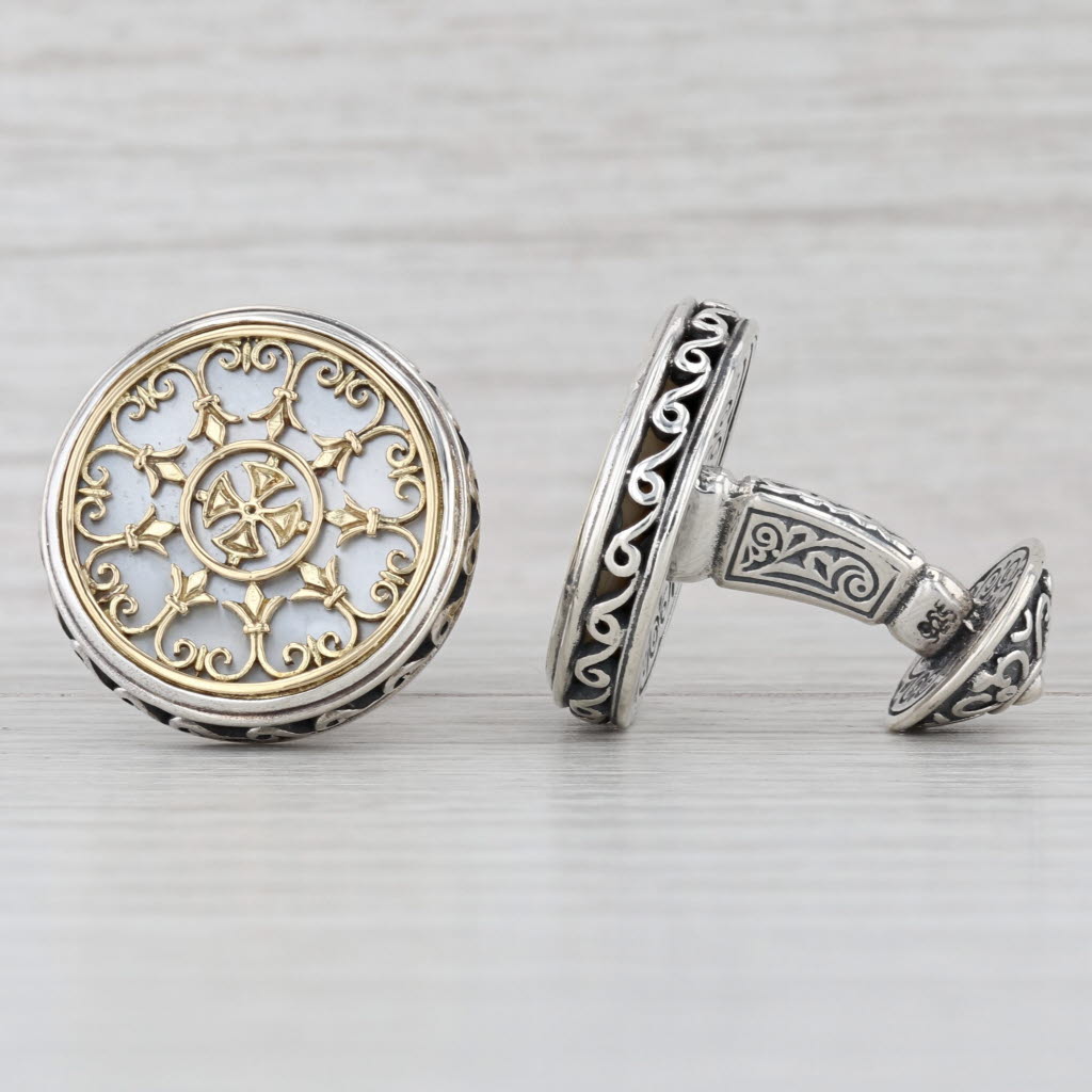 Konstantino Ornate Mother of Pearl Cross Cufflinks Sterling Silver 18k Gold