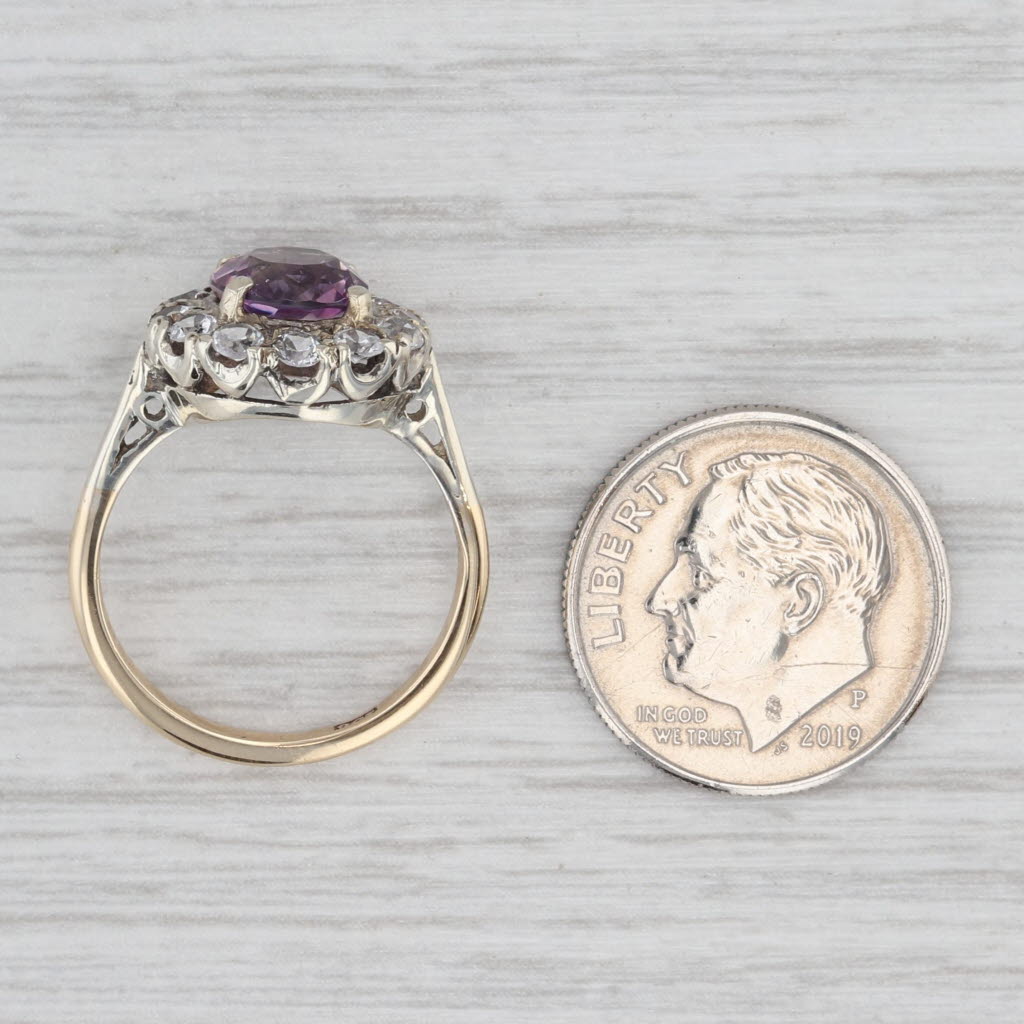Vintage 1.15ct Amethyst Glass Halo Ring 9k White Yellow Gold Size 5.5