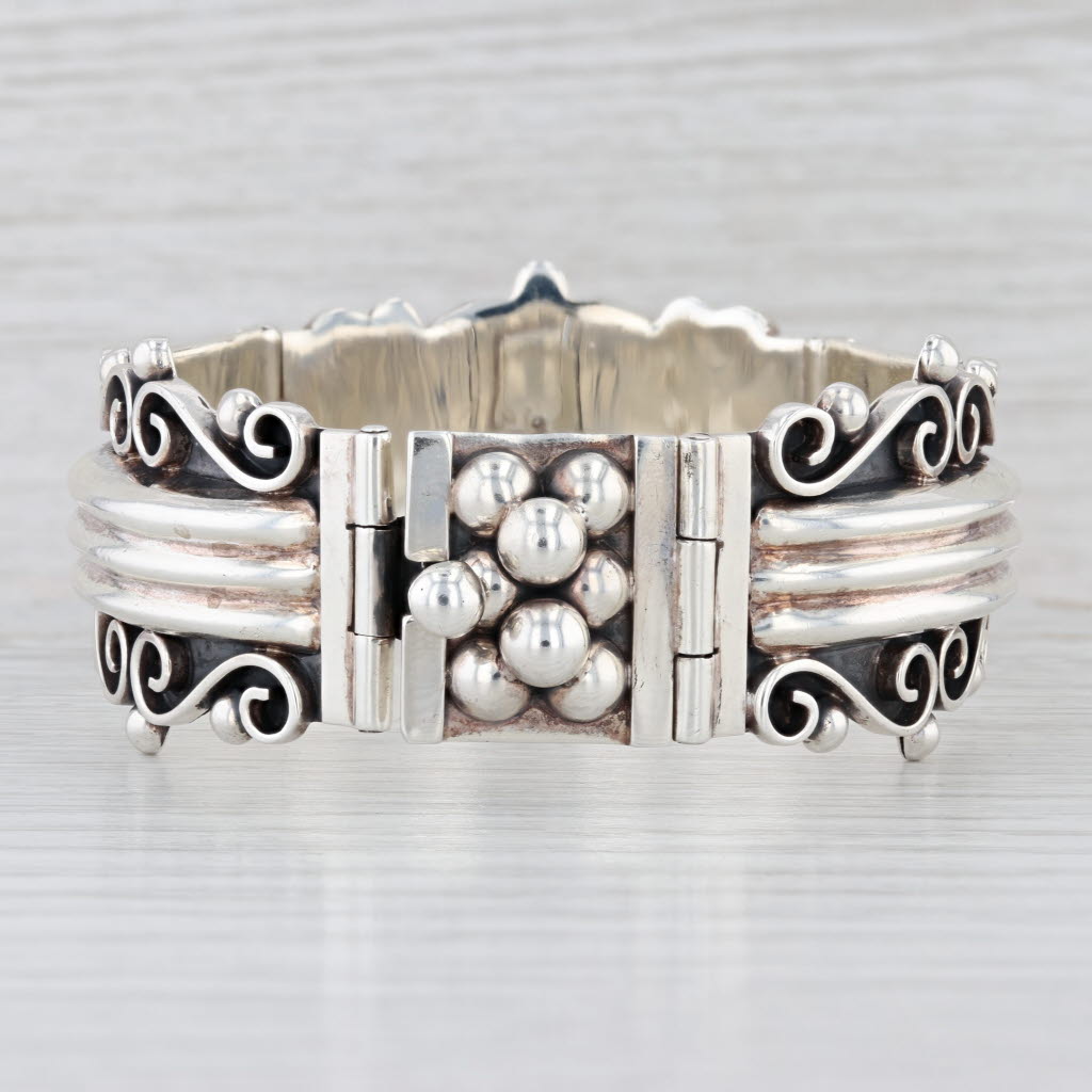 Vintage Panel Link Statement Bangle Bracelet Sterling Silver 7.5" 29.4mm Mexico