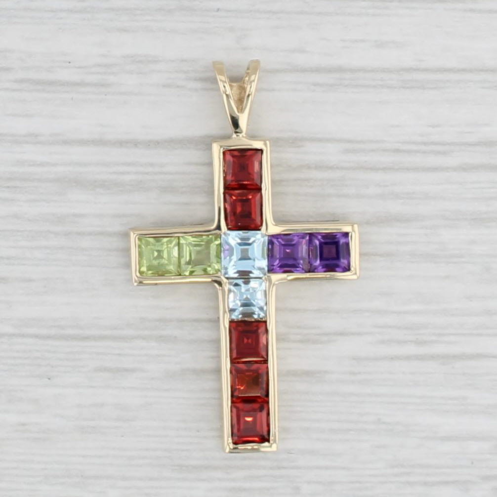 Light Gray 2.29ctw Gemstone Cross Pendant 10k Gold Amethyst Garnet Peridot Aquamarine
