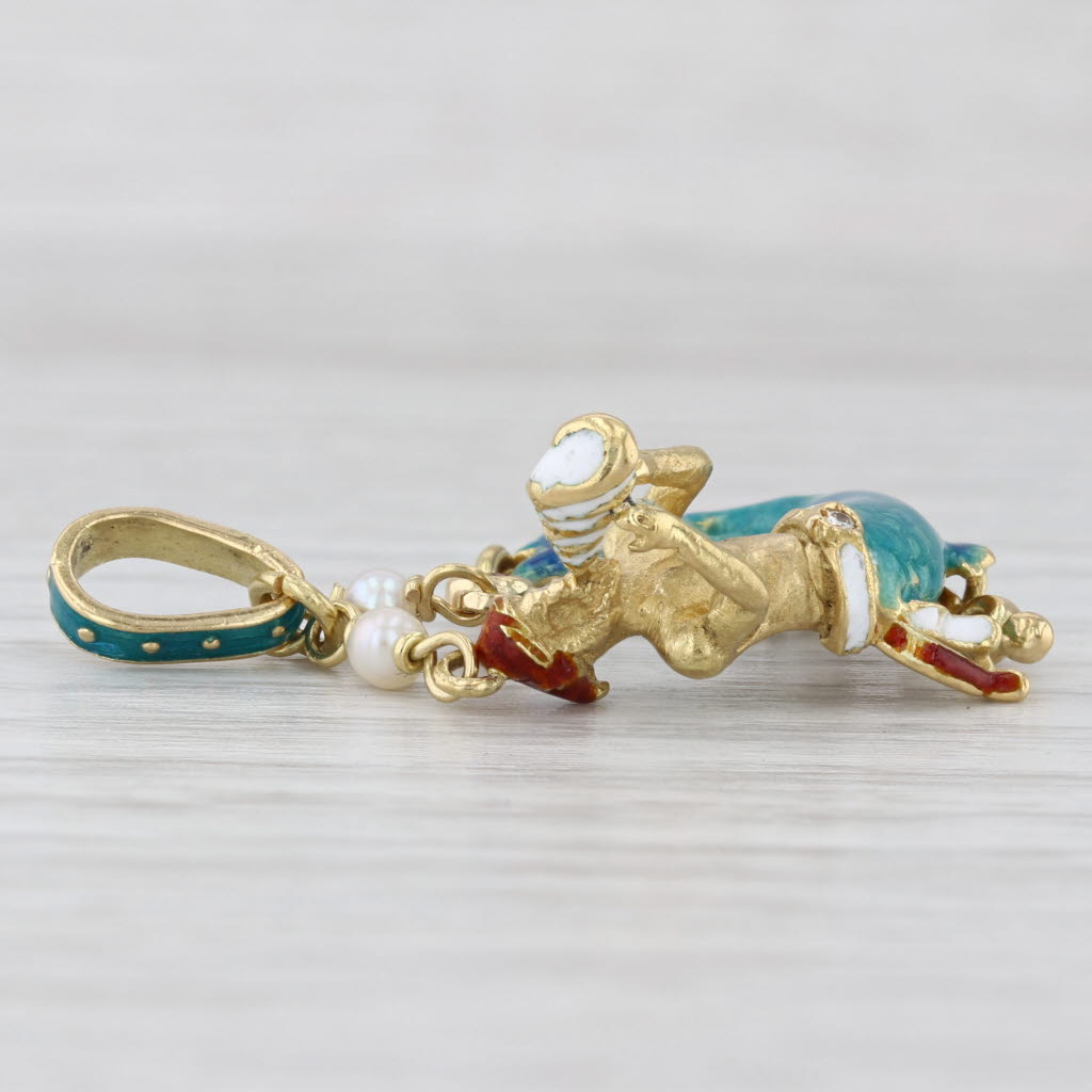 Light Gray Merman Holding Conch Shell Pendant Ruby Pearls Diamond 18k Yellow Gold Enamel