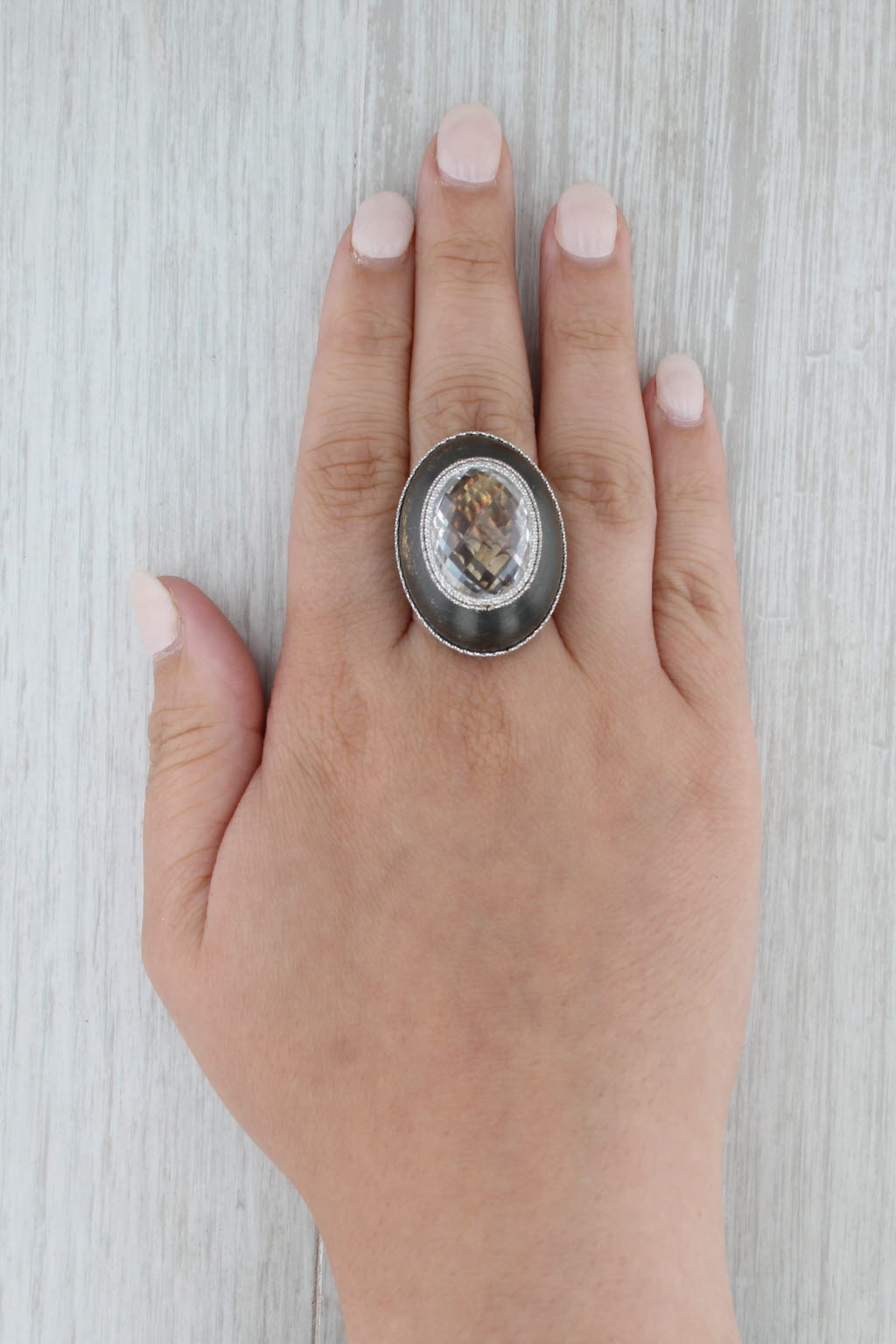 Rock Crystal Quartz Statement Ring 18k White Gold Black Rhodium Accents Italian