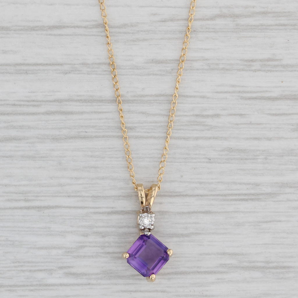 Gray 1ct Amethyst Pendant Necklace 14k Yellow Gold Curb Chain Diamond Accents 17.75"