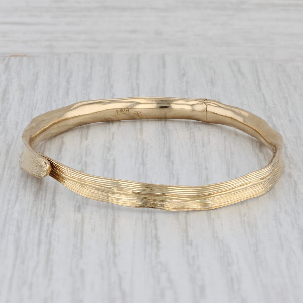 Gray Michael Aram Palm Bangle Bracelet 18k Yellow Gold 7" Hinged Woodgrain Pattern
