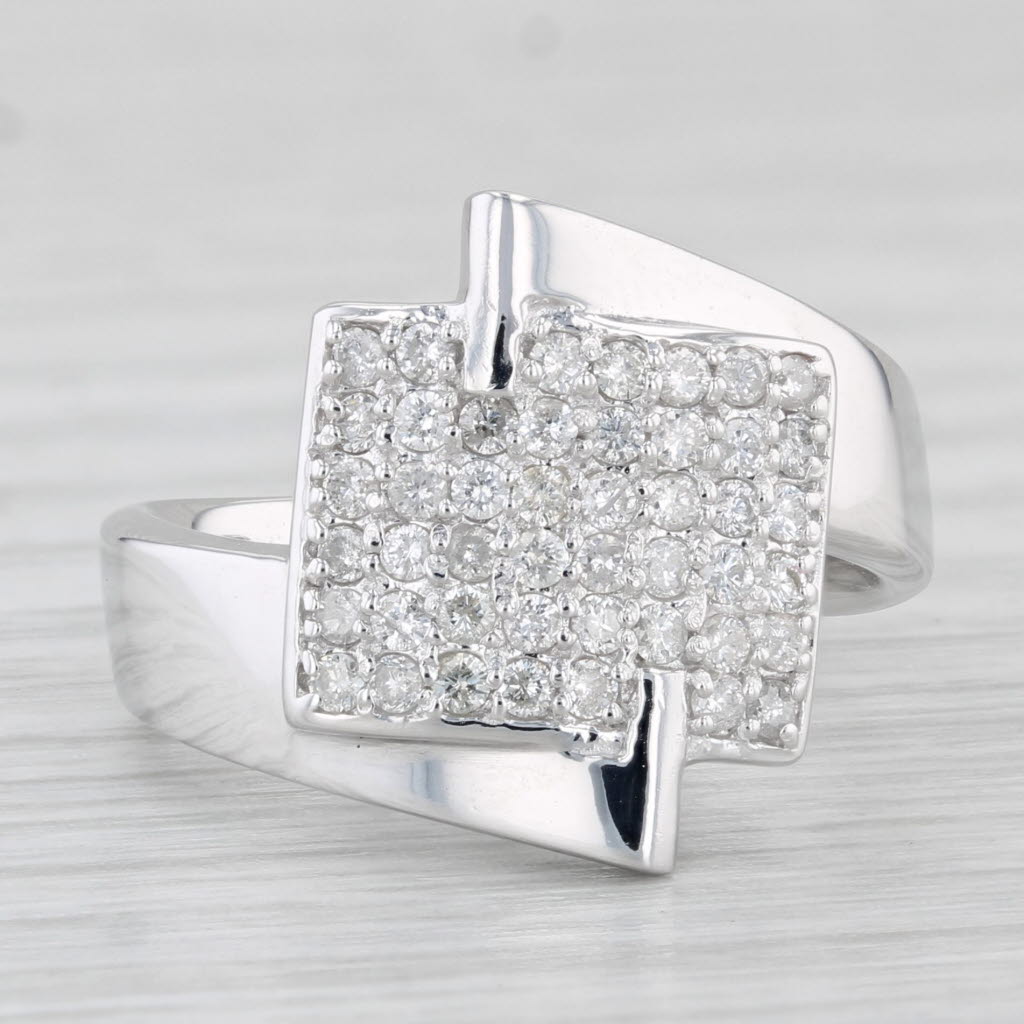 Light Gray Pave Diamond Ring 14k White Gold Abstract Bypass Size 6.25