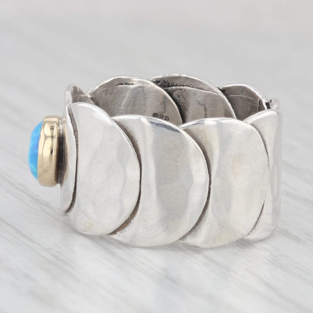 Light Gray Lab Created Blue Opal Statement Ring Sterling Silver 14k Gold Artisan Signed