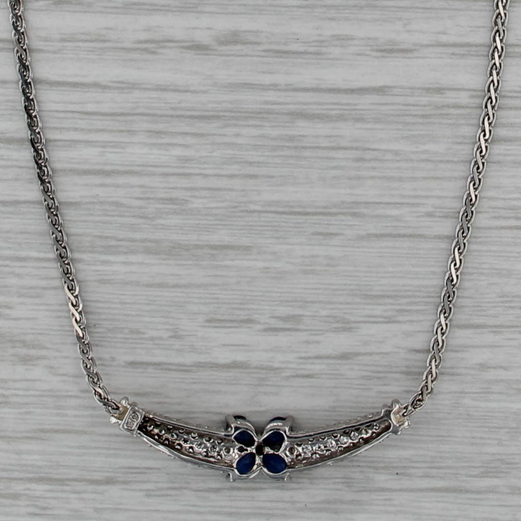 1.10ctw Sapphire Diamond Flower Necklace 14k White Gold 17.25" Wheat Chain