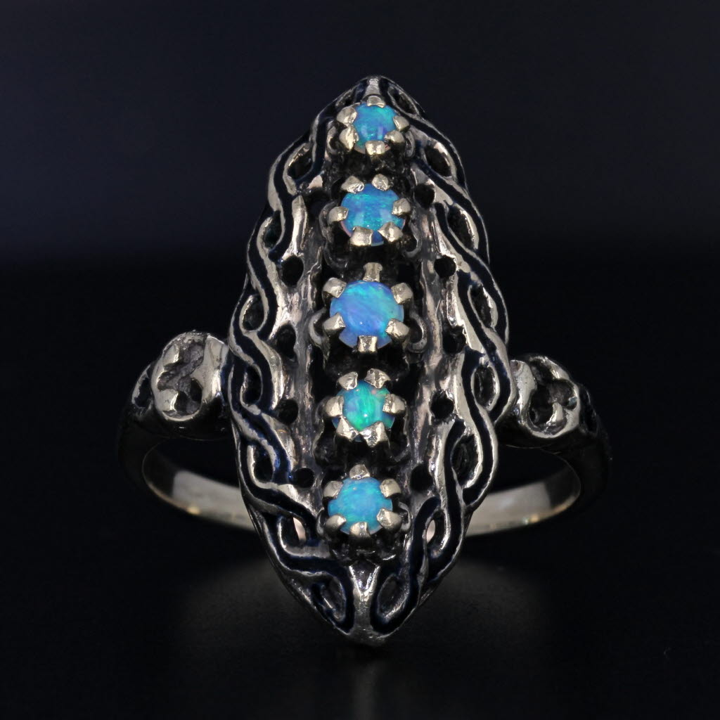 Black Vintage Blue Opal Ring 13k Yellow Gold Size 9 Marquise Shape Round Cabochons