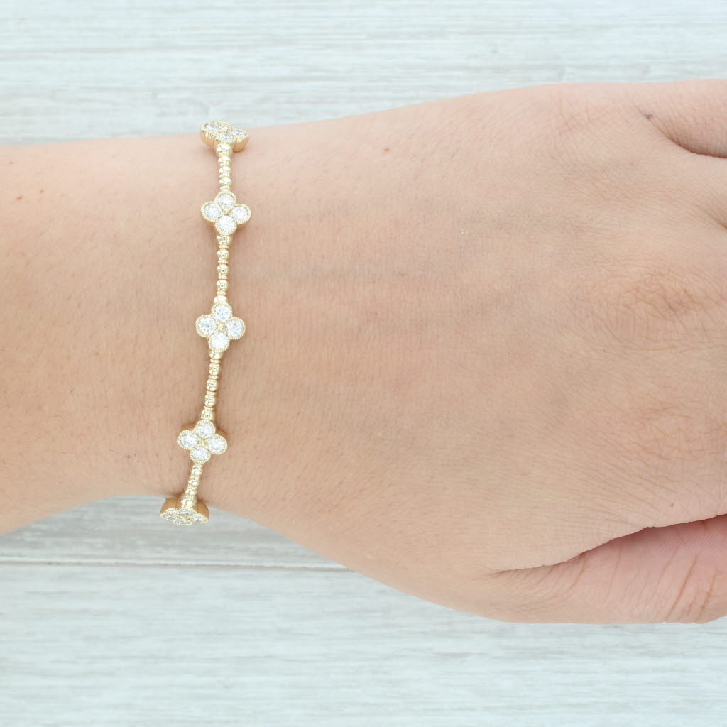 Tan New 1.45ctw Diamond Flowers Flexible Bead Bangle Bracelet 14k Yellow Gold 6.75"