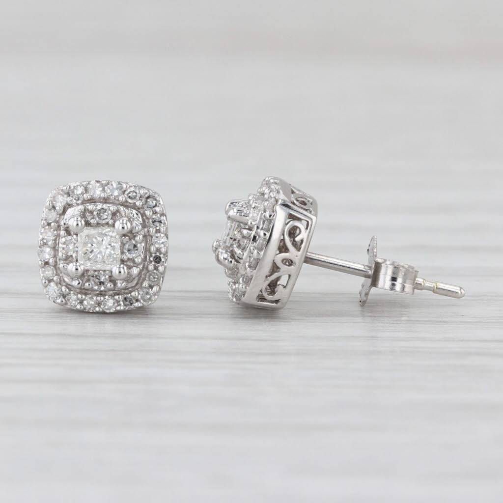 0.60ctw Princess Halo Diamond Stud Earrings 14k White Gold Studs
