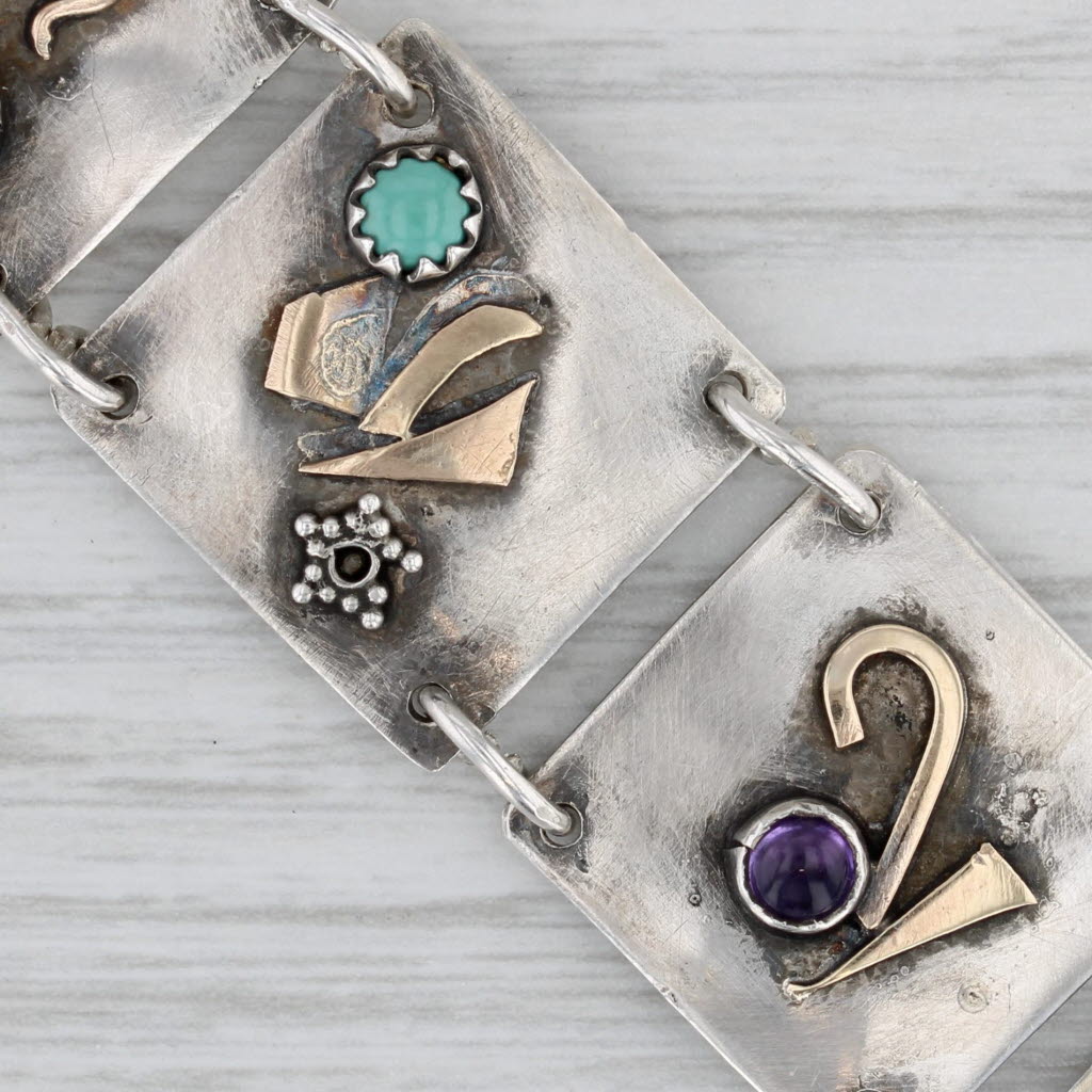 Gray Vintage Artisan Gemstone Panel Bracelet Sterling Silver 14k Gold Statement 7.25"