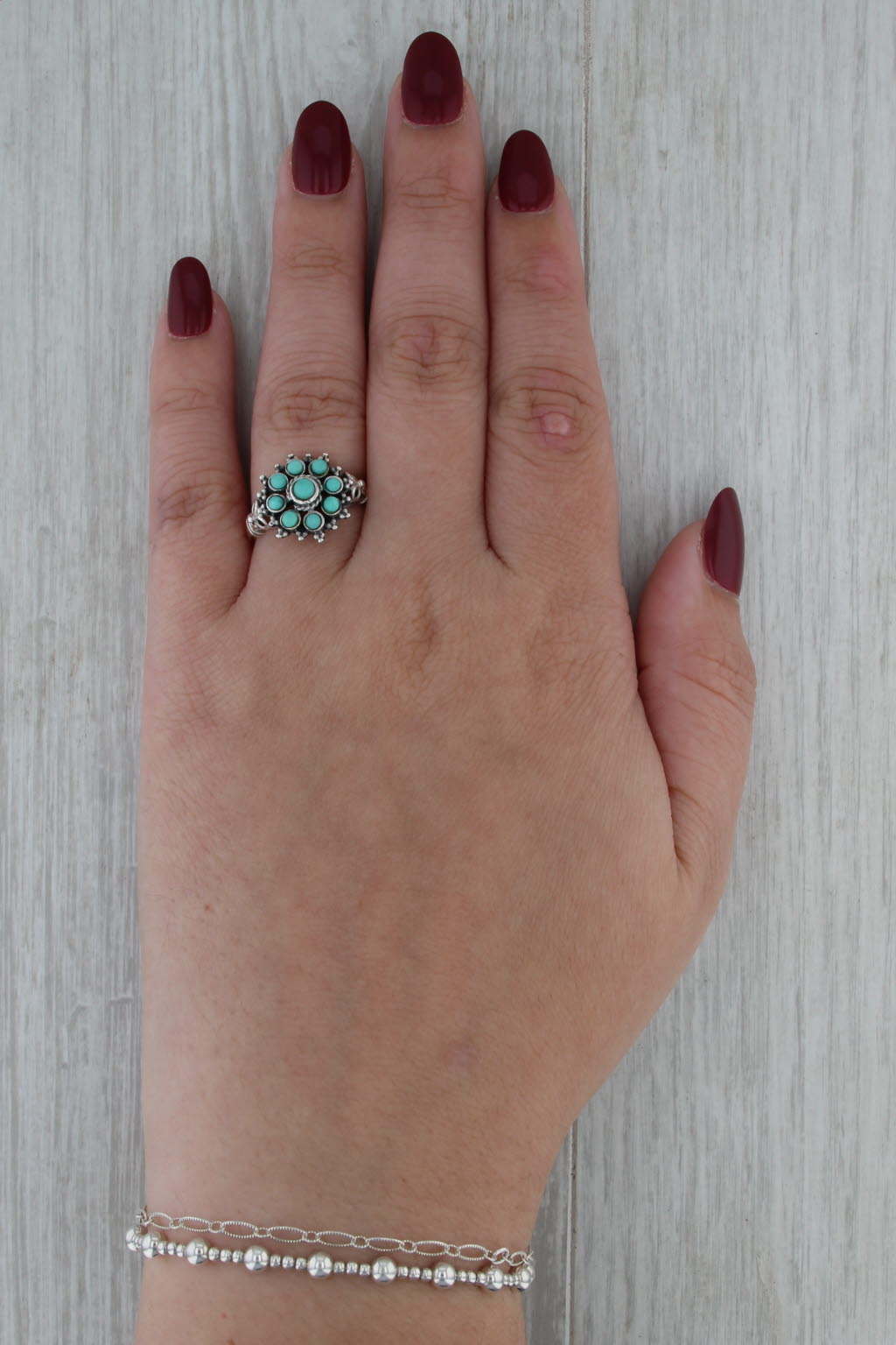 Imitation Turquoise Glass Flower Cluster Ring Sterling Silver Size 8