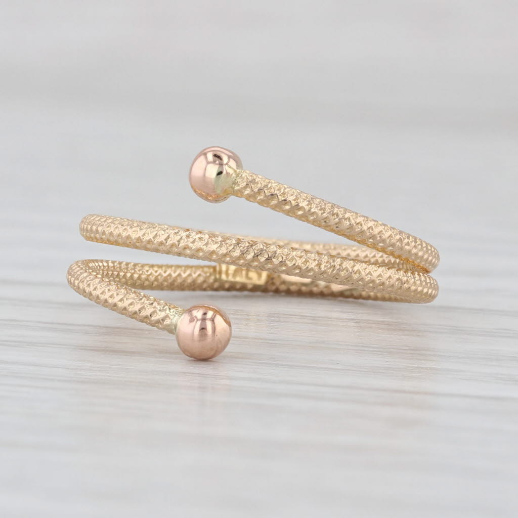 Coiled Bypass Ring 14k Yellow Gold Size 6.5 Bead Accented Etched Band